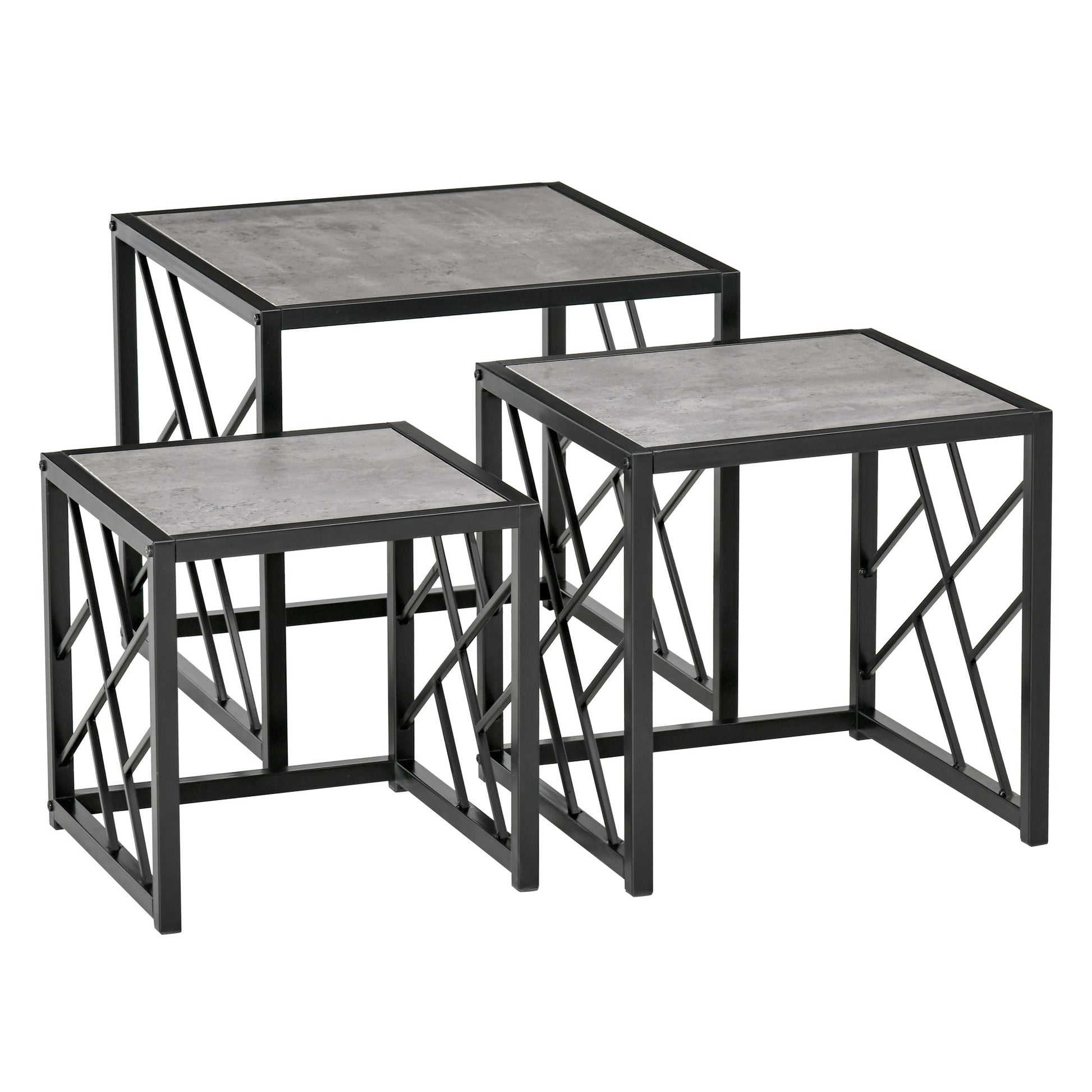 Set of 3 Nest of Tables, Square Side Tables with Black Metal Frame, for Living Room, Bedroom and Office, Grey-0