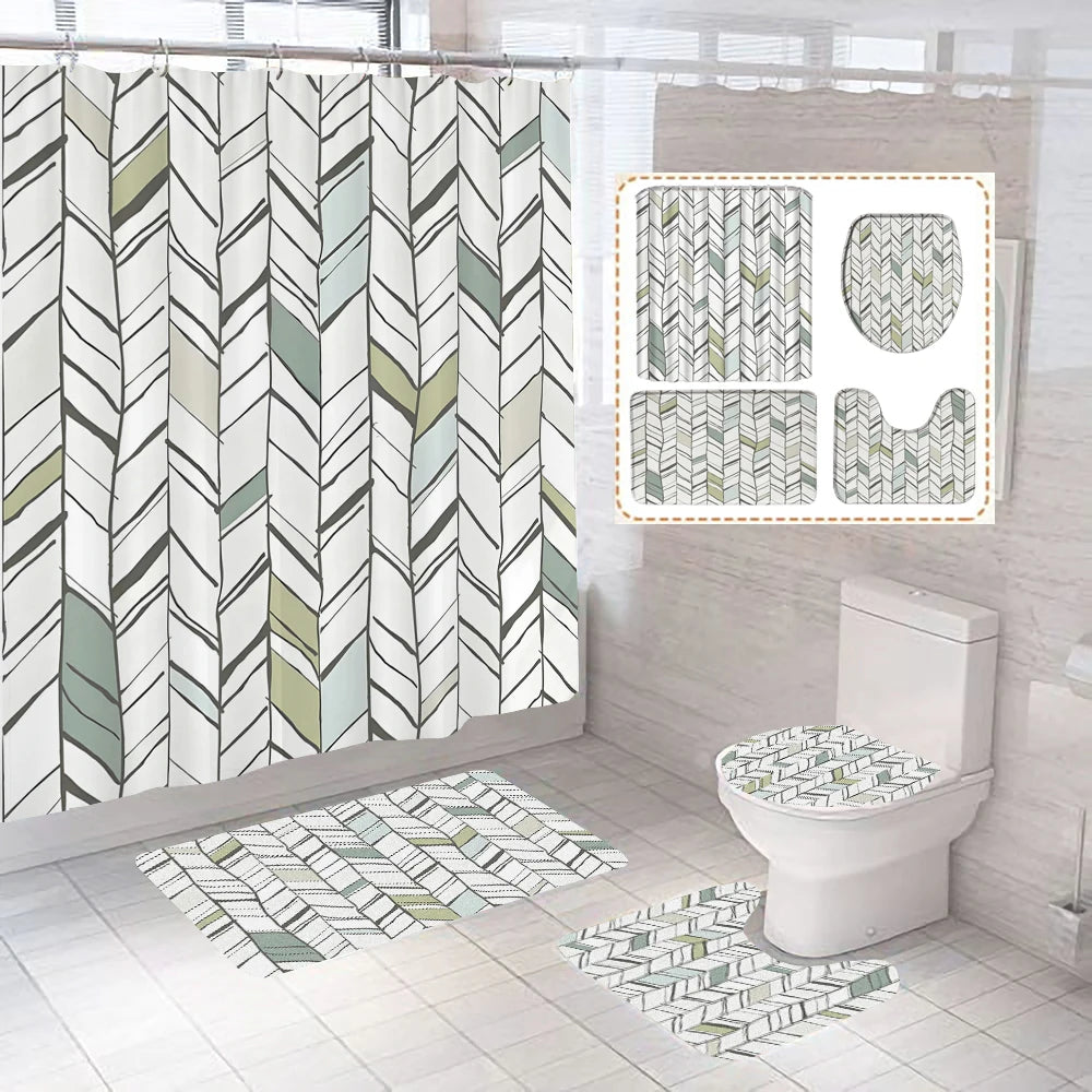 Gray Geometric Pattern Shower Curtain Sets Black and white Striped Toilet Lid Cover Bath Mat Non-Slip Rugs Modern Bathroom Decor