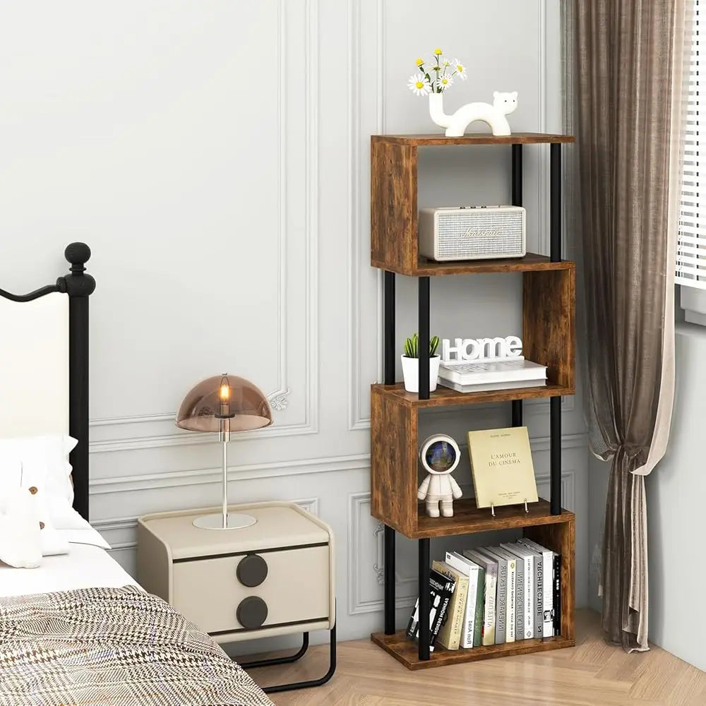 5-Tier Tall Bookshelf,S-Shaped Geometric Bookcase, Wood Display Shelves With Storage,Industrial Bookshelf For Living Room