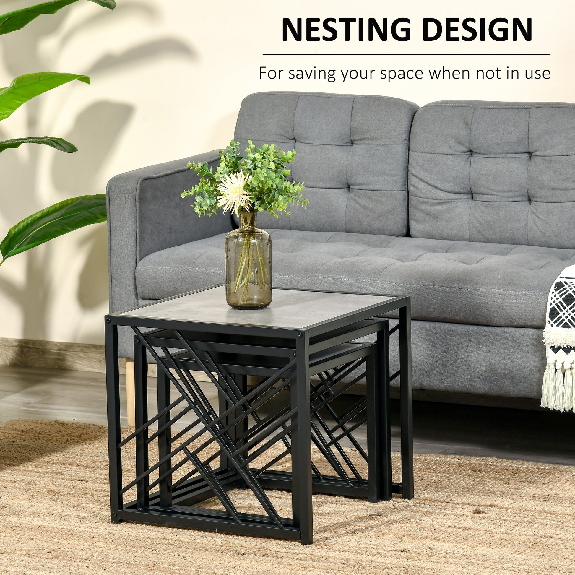 Set of 3 Nest of Tables, Square Side Tables with Black Metal Frame, for Living Room, Bedroom and Office, Grey-4