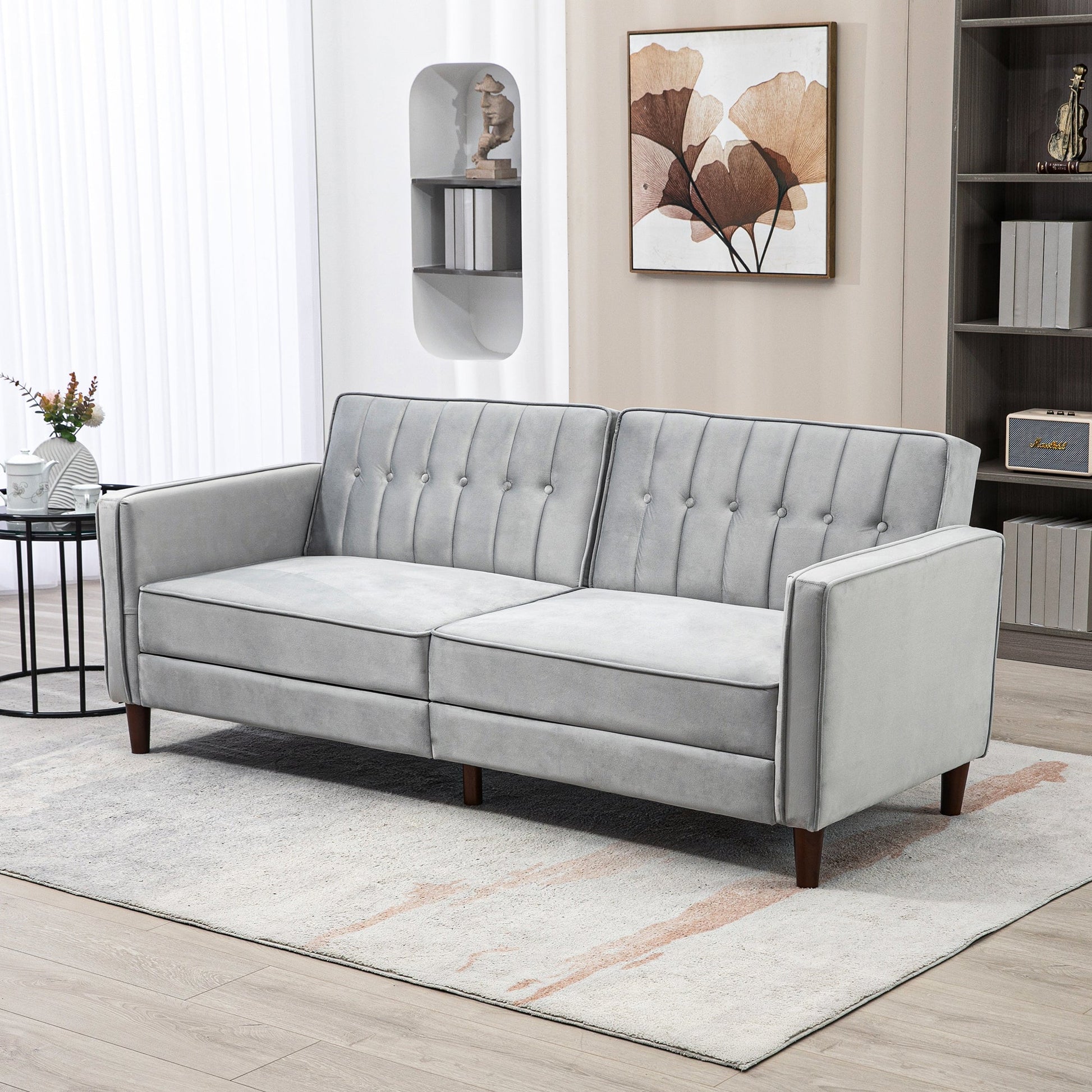 Modern Convertible Sofa Futon Velvet-Touch Tufted Couch Compact Loveseat with Adjustable Split Back, Light Grey-1
