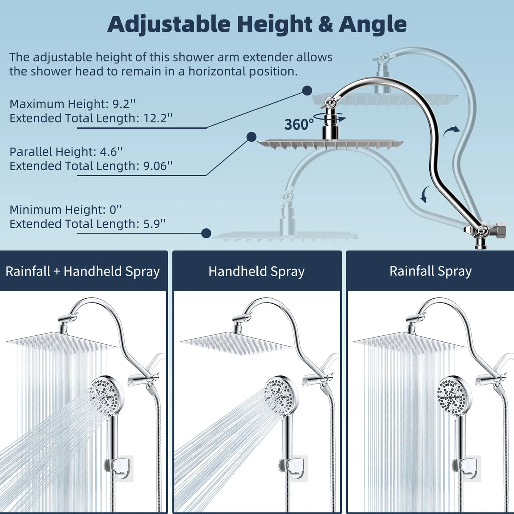 All Metal Shower Head, 8'' High Pressure Rainfall Shower Head, Handheld Showerhead Combo with 12'' Adjustable Extension Arm