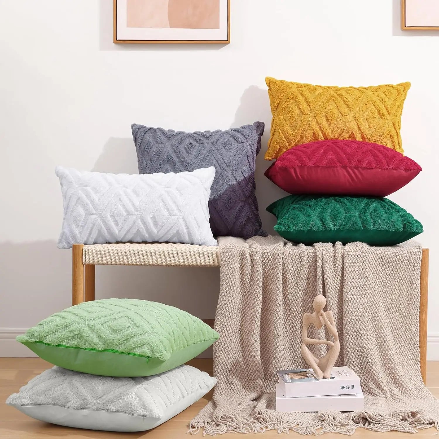 Spring Soft Throw Pillow Covers 18X18 Set Of 2 - Plush Wool Decorative Couch Pillow Covers For Sofa Bed Living Room - With 3D