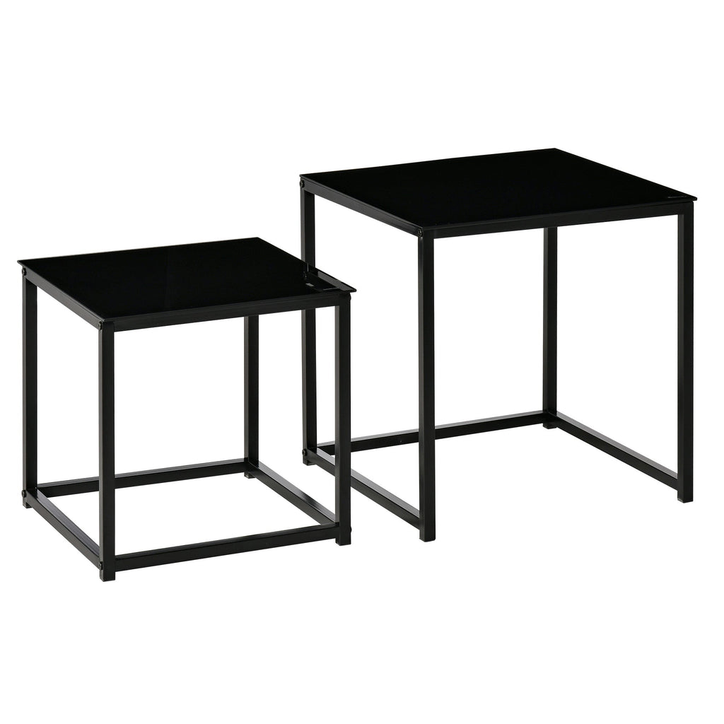 Nest of 2 Side Tables, Set of Modern Bedside Tables with Tempered Glass Desktop for Living Room, Bedroom, Office, Black-0