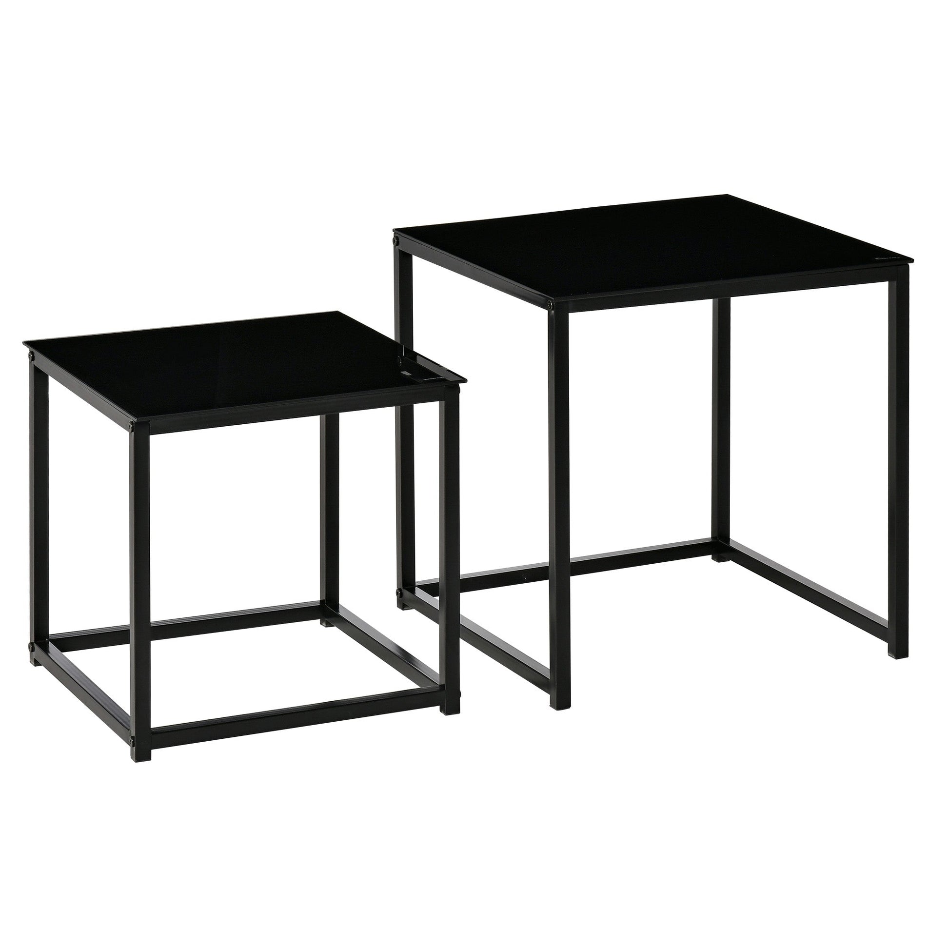 Nest of 2 Side Tables, Set of Modern Bedside Tables with Tempered Glass Desktop for Living Room, Bedroom, Office, Black-0