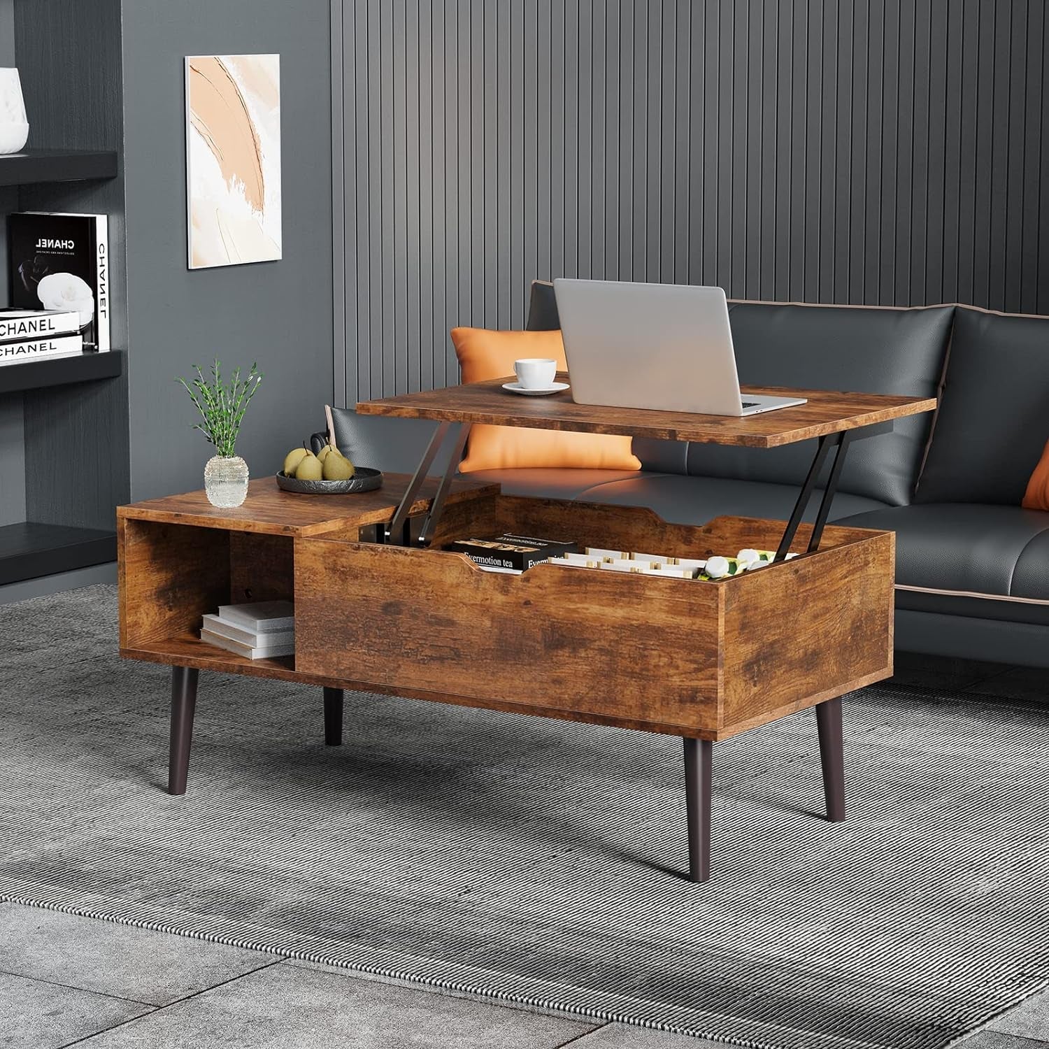 Coffee Table, Lift Top Coffee Tables for Living Room, Small Rising Wooden Dining Center Tables with Storage Shelf and Hidden Compartment, Brown-1