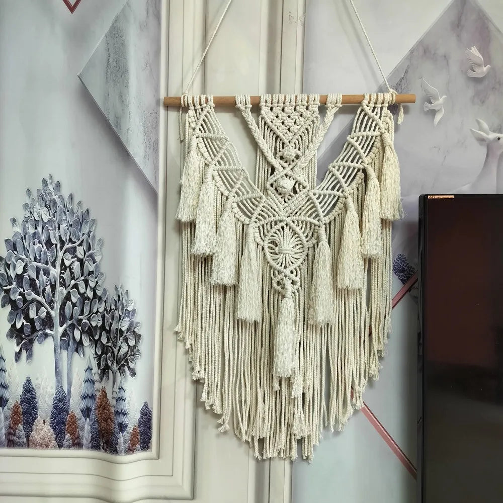 Boho Wall Hanging Tapestry Hand Woven Macrame Tapestries Beige Geometric Art Decor Nordic Farmhouse Nursery Living Room Crafts