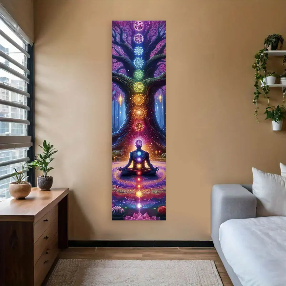 Colorful Chakra Wall Tapestry Yoga Meditation Wall Hanging for Bedroom Home Decor Black Wall Art Decor with Spiritual Energy