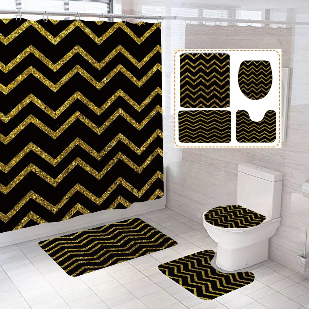Gray Geometric Pattern Shower Curtain Sets Black and white Striped Toilet Lid Cover Bath Mat Non-Slip Rugs Modern Bathroom Decor
