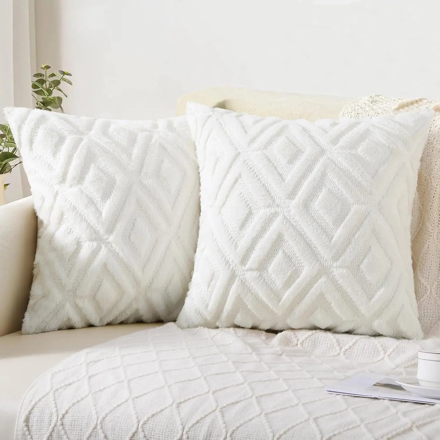 Spring Soft Throw Pillow Covers 18X18 Set Of 2 - Plush Wool Decorative Couch Pillow Covers For Sofa Bed Living Room - With 3D