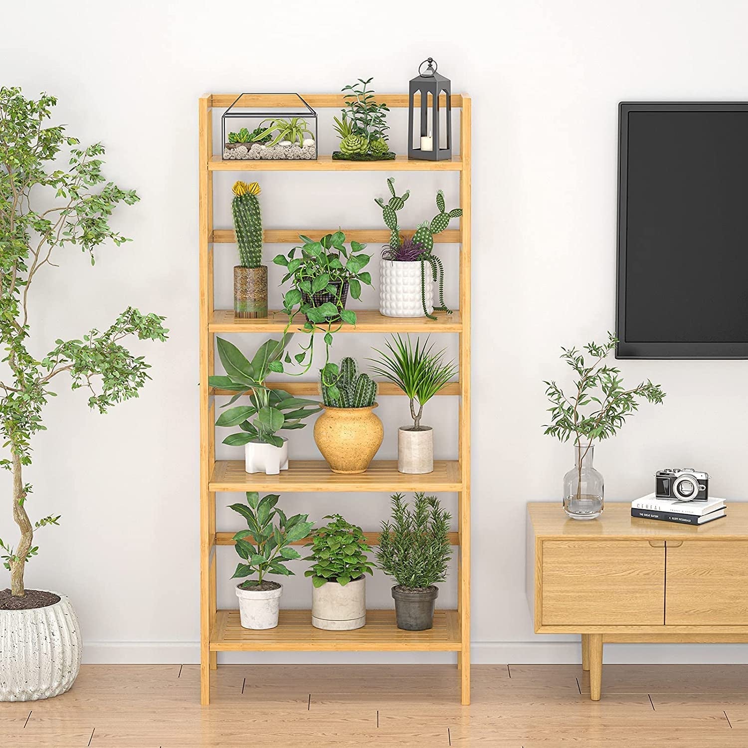 4-Tier Bamboo Ladder Shelf for Home Storage-0