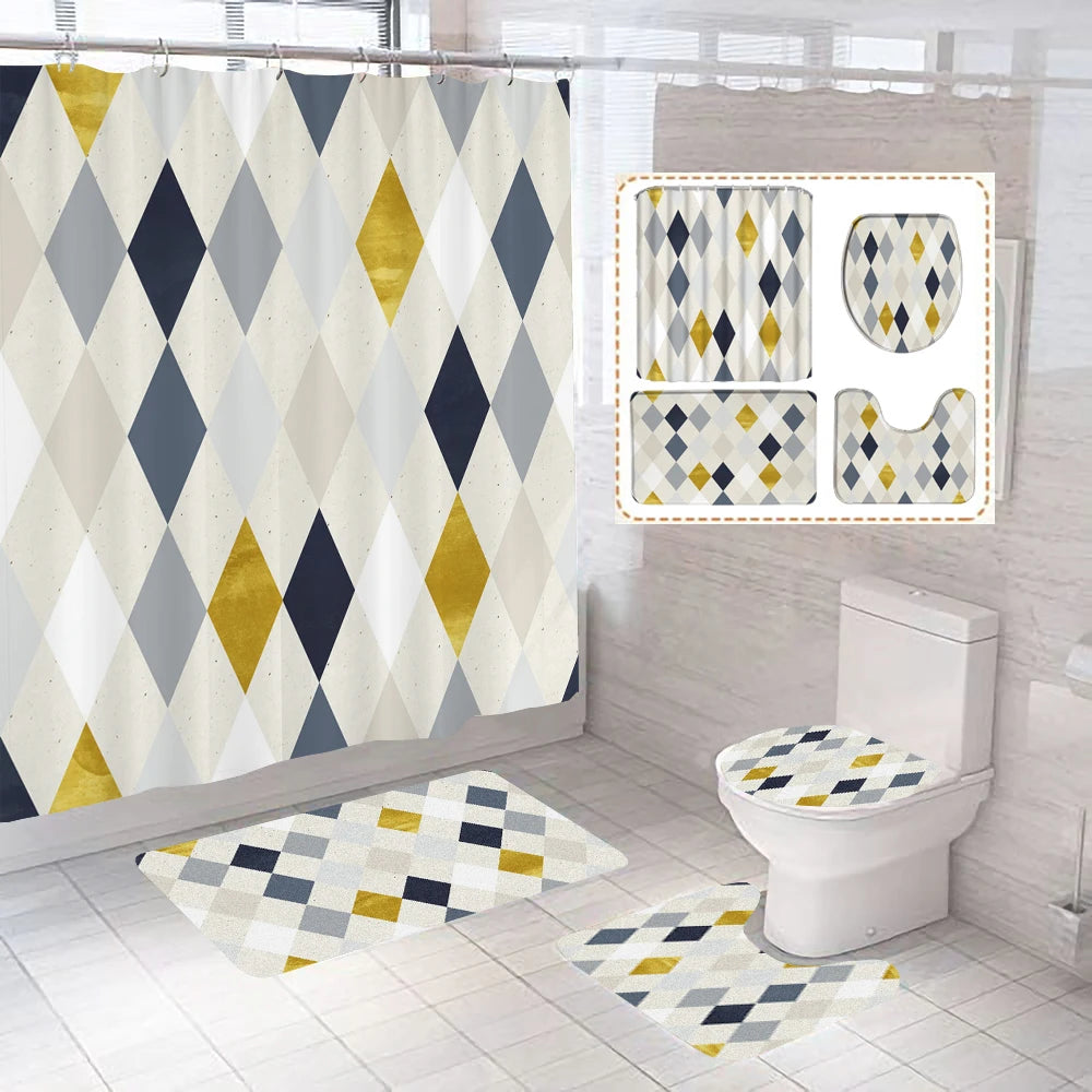 Gray Geometric Pattern Shower Curtain Sets Black and white Striped Toilet Lid Cover Bath Mat Non-Slip Rugs Modern Bathroom Decor