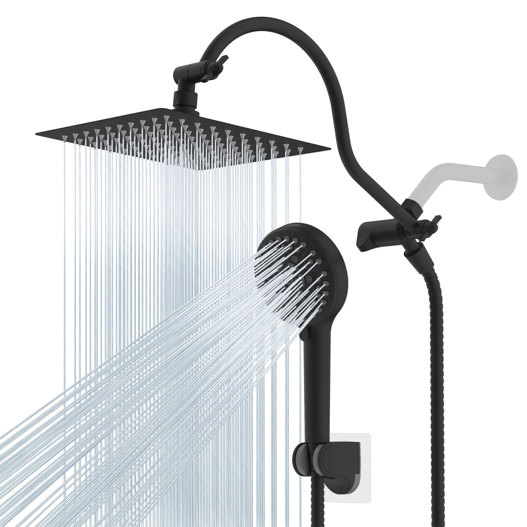 All Metal Shower Head, 8'' High Pressure Rainfall Shower Head, Handheld Showerhead Combo with 12'' Adjustable Extension Arm