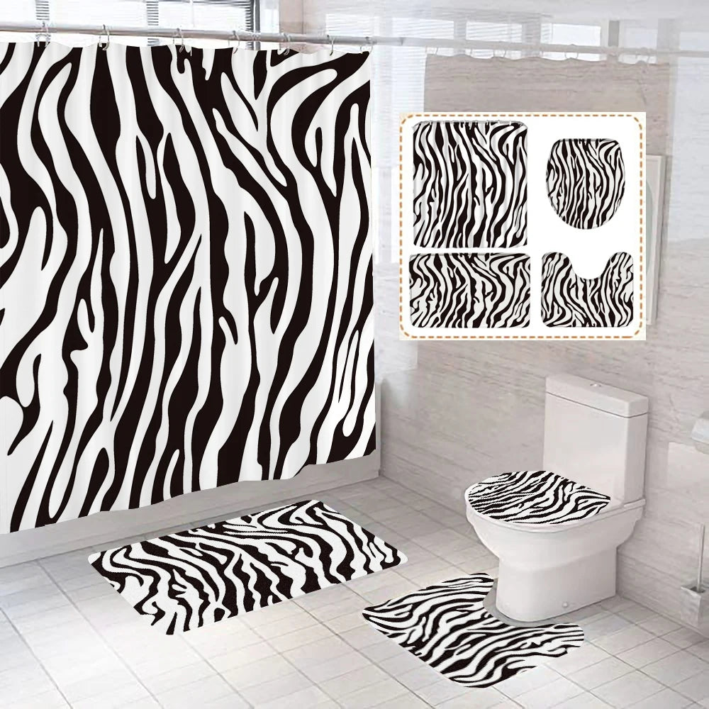 Gray Geometric Pattern Shower Curtain Sets Black and white Striped Toilet Lid Cover Bath Mat Non-Slip Rugs Modern Bathroom Decor