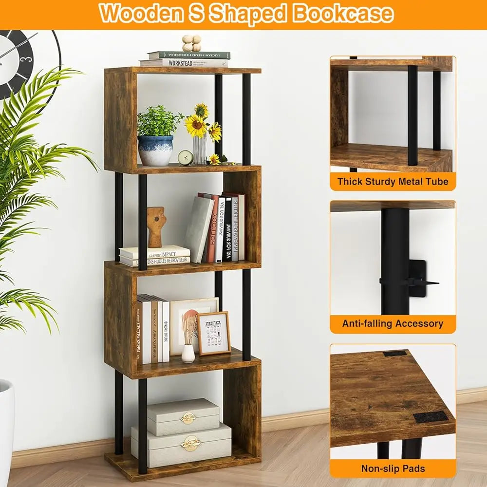 5-Tier Tall Bookshelf,S-Shaped Geometric Bookcase, Wood Display Shelves With Storage,Industrial Bookshelf For Living Room