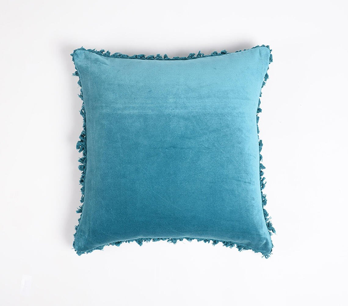 18" Blue Cotton Blend Throw Pillow Cover With Fringe-1