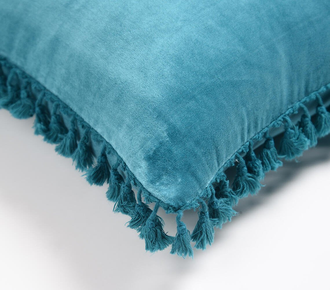 18" Blue Cotton Blend Throw Pillow Cover With Fringe-3