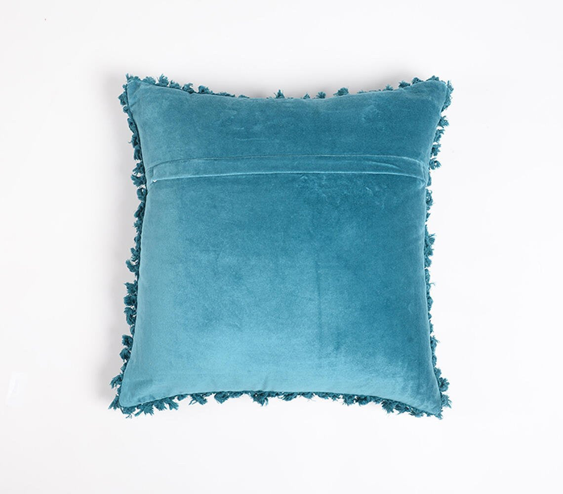 18" Blue Cotton Blend Throw Pillow Cover With Fringe-2