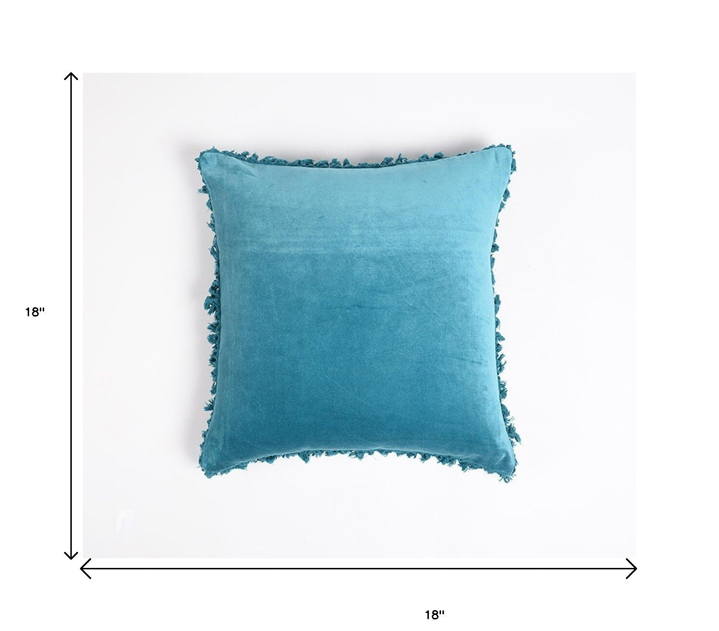 18" Blue Cotton Blend Throw Pillow Cover With Fringe-4