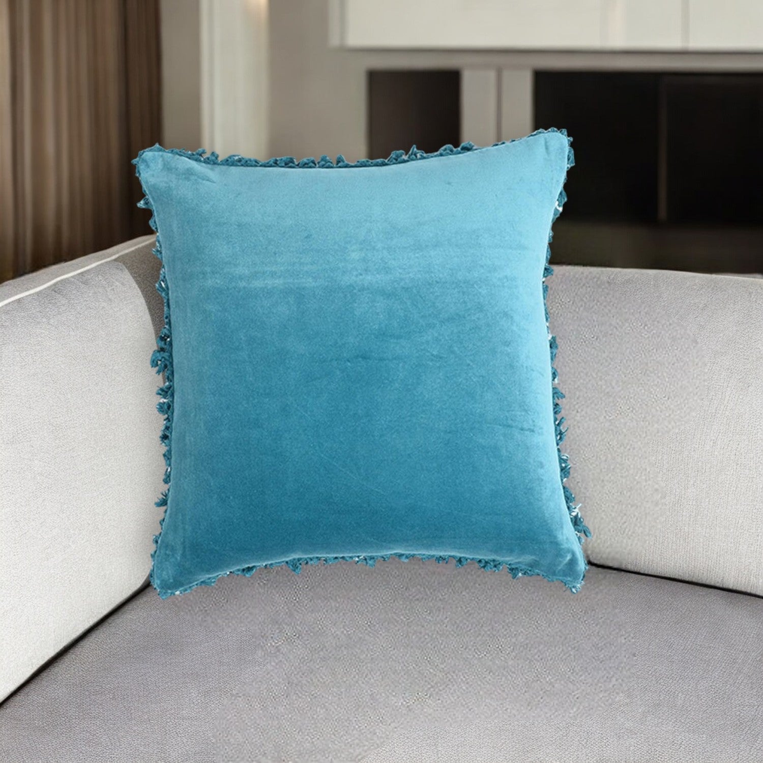 18" Blue Cotton Blend Throw Pillow Cover With Fringe-0