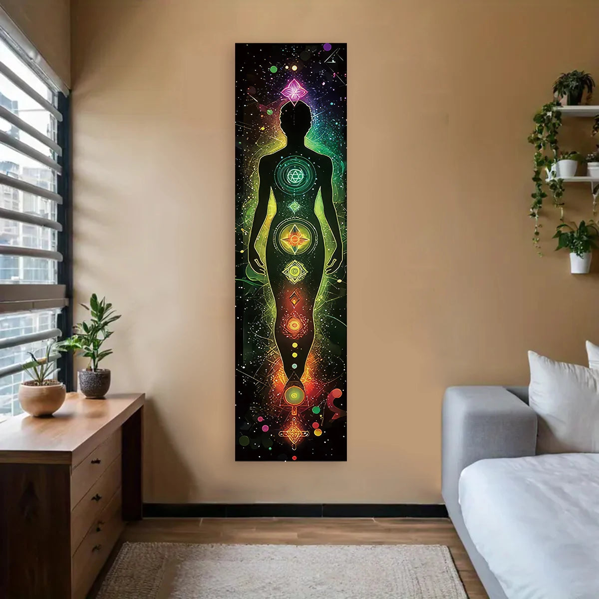 Colorful Chakra Wall Tapestry Yoga Meditation Wall Hanging for Bedroom Home Decor Black Wall Art Decor with Spiritual Energy