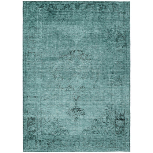 10' X 14' Teal Blue Turquoise And Charcoal Oriental Washable Indoor Outdoor Area Rug-1