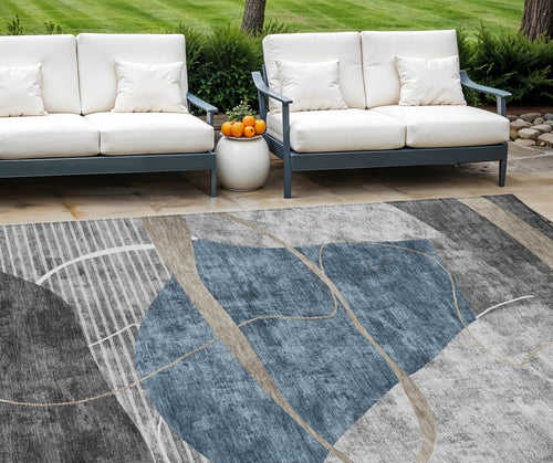10' X 14' Blue Gray And Charcoal Abstract Washable Indoor Outdoor Area Rug-0