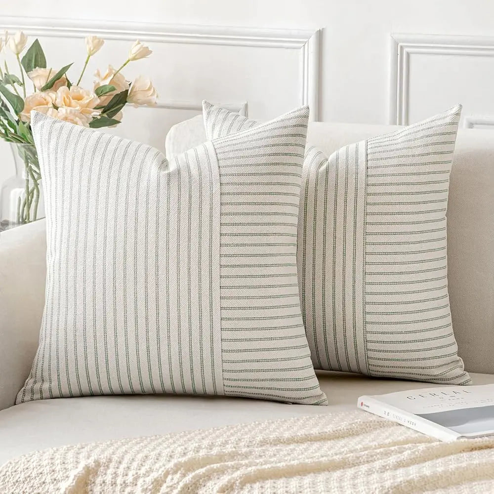 Sage Green And Beige Patchwork Farmhouse Pillow Covers 24X24 H, Pa Of 2 Striped Linen Spring Decorative Modern Accent Pillow