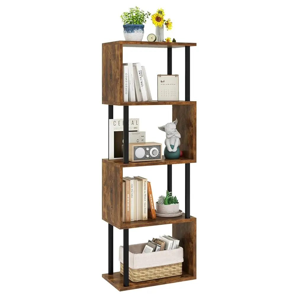 5-Tier Tall Bookshelf,S-Shaped Geometric Bookcase, Wood Display Shelves With Storage,Industrial Bookshelf For Living Room