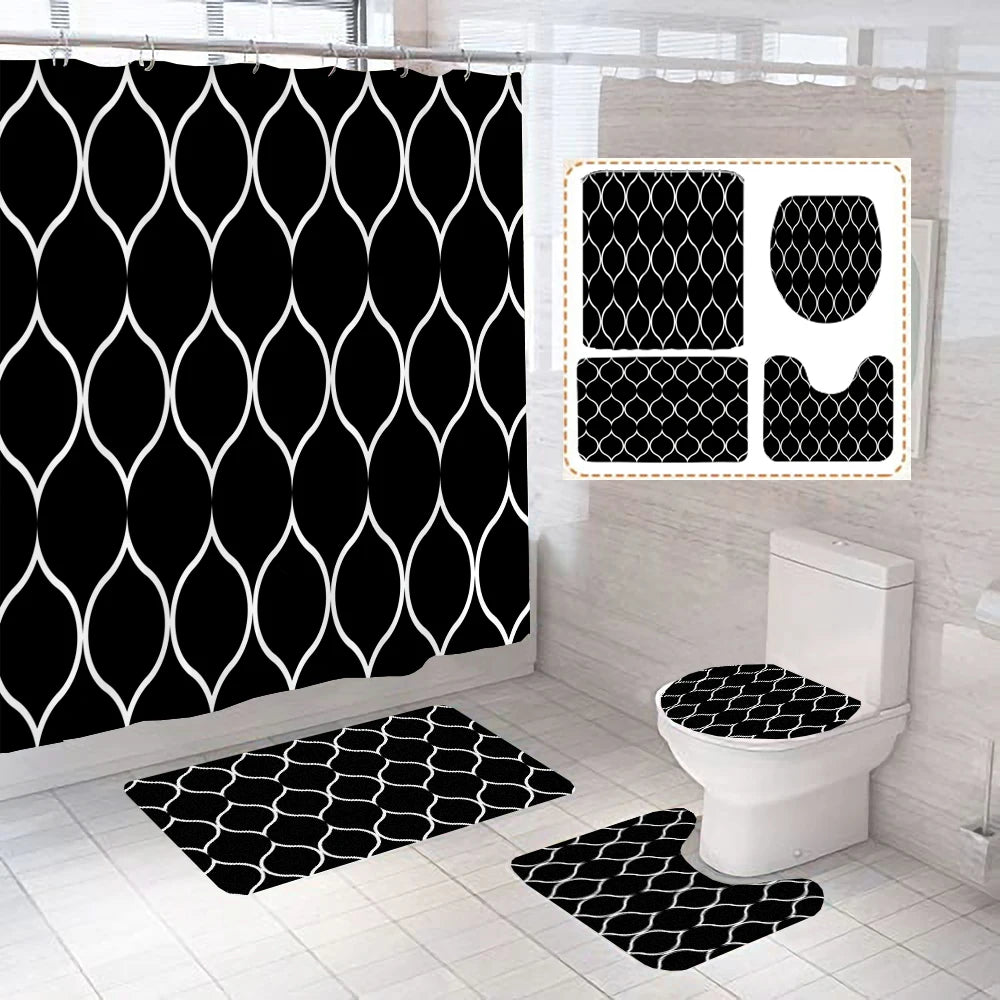 Gray Geometric Pattern Shower Curtain Sets Black and white Striped Toilet Lid Cover Bath Mat Non-Slip Rugs Modern Bathroom Decor
