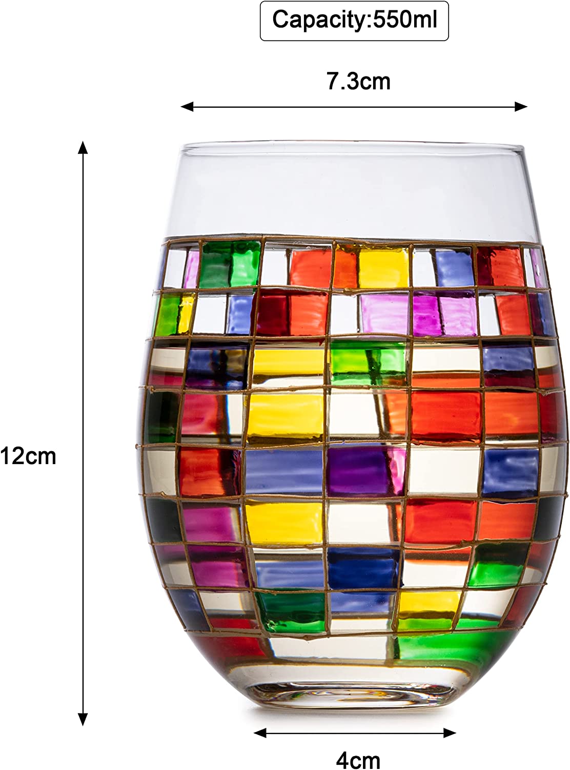Renaissance Stained Wine Glasses Set of 2 by The Wine Savant - Festive Colorful Coffee Cups, Stained Window, Multicolored, Home Bar Gift, Colored Drinkware, Rainbow Glassware (Stemless)-4