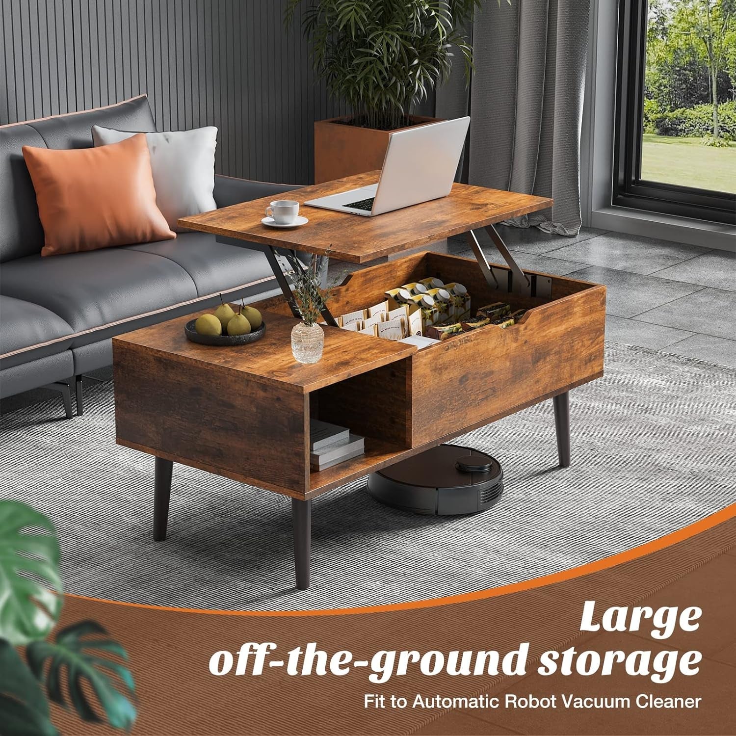 Coffee Table, Lift Top Coffee Tables for Living Room, Small Rising Wooden Dining Center Tables with Storage Shelf and Hidden Compartment, Brown-3
