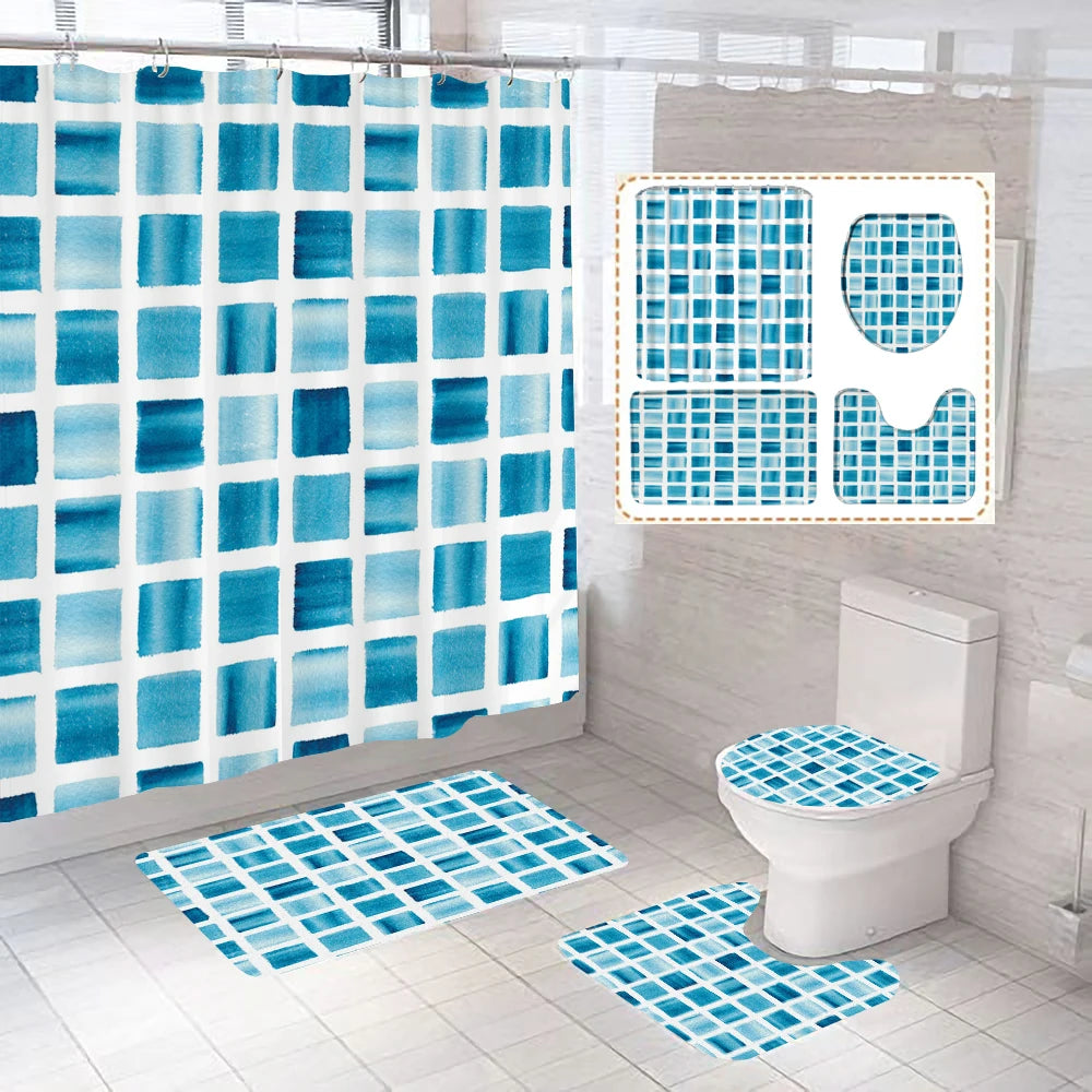 Gray Geometric Pattern Shower Curtain Sets Black and white Striped Toilet Lid Cover Bath Mat Non-Slip Rugs Modern Bathroom Decor