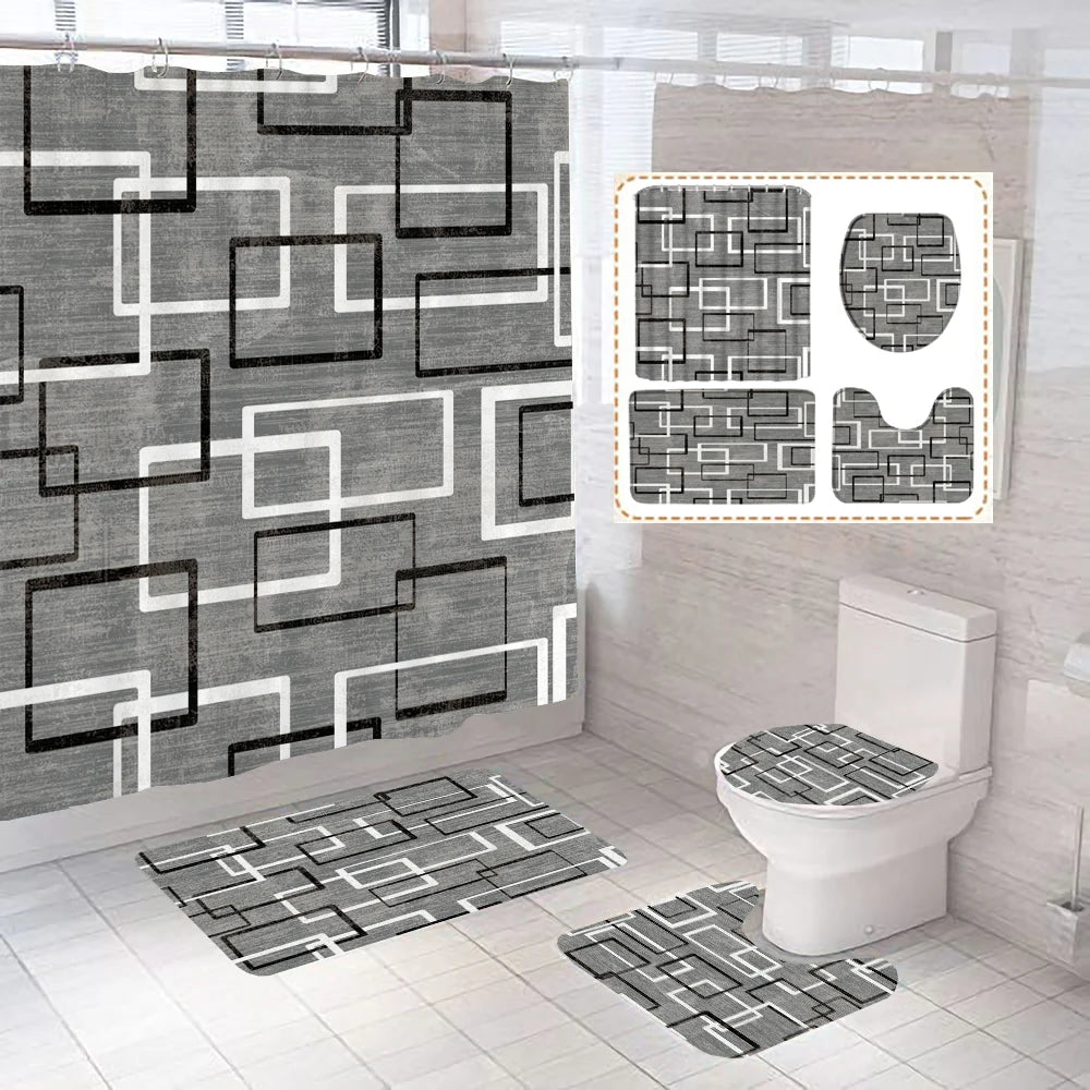 Gray Geometric Pattern Shower Curtain Sets Black and white Striped Toilet Lid Cover Bath Mat Non-Slip Rugs Modern Bathroom Decor