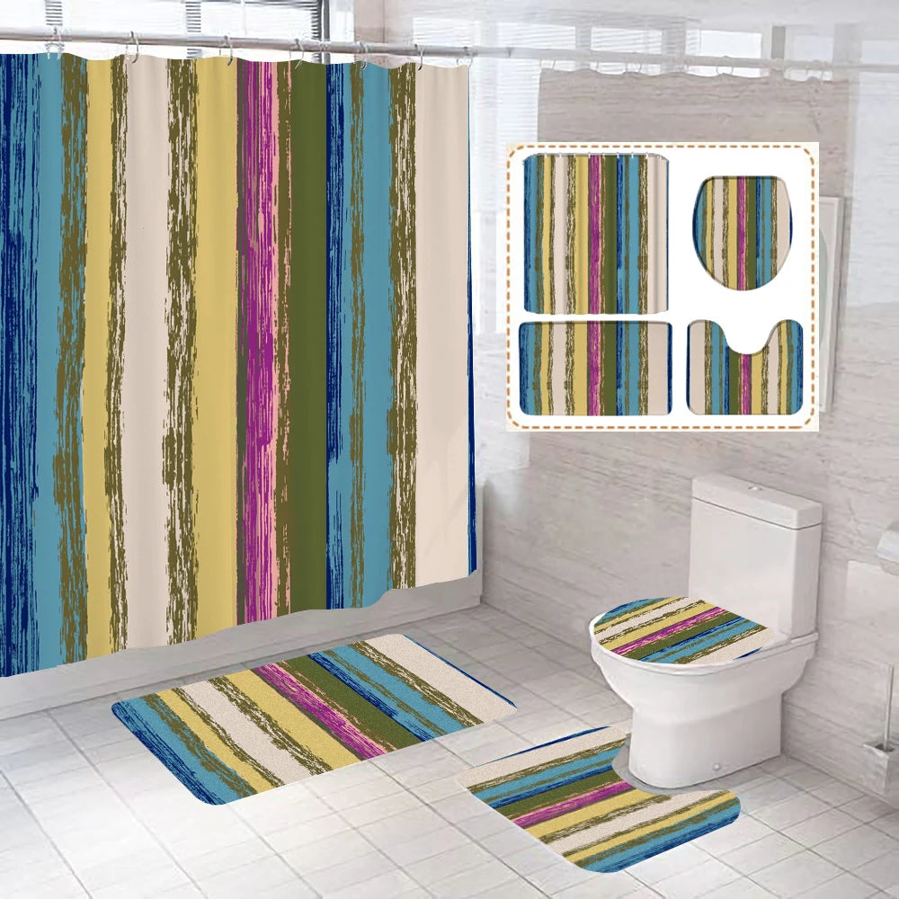 Gray Geometric Pattern Shower Curtain Sets Black and white Striped Toilet Lid Cover Bath Mat Non-Slip Rugs Modern Bathroom Decor