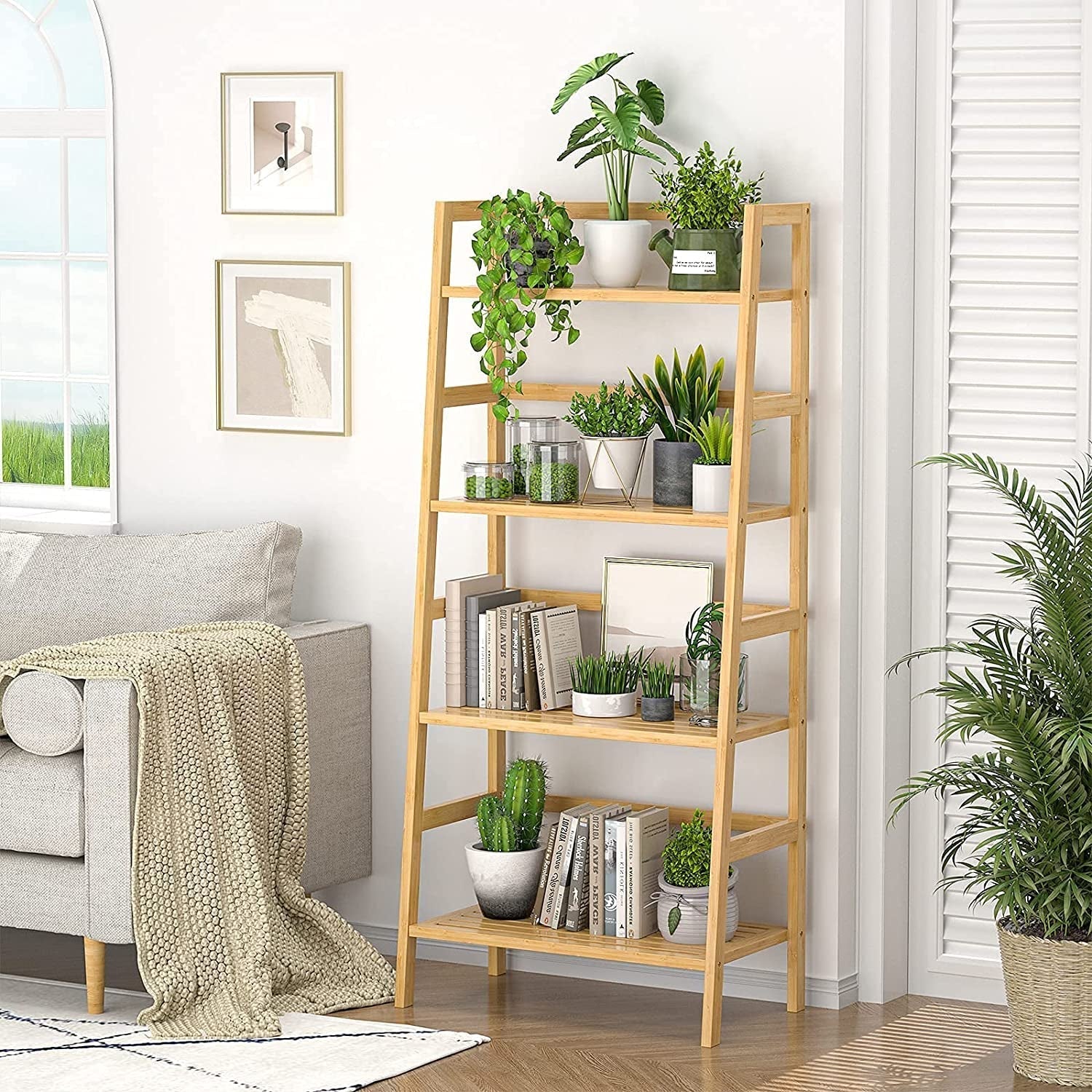 4-Tier Bamboo Ladder Shelf for Home Storage-1
