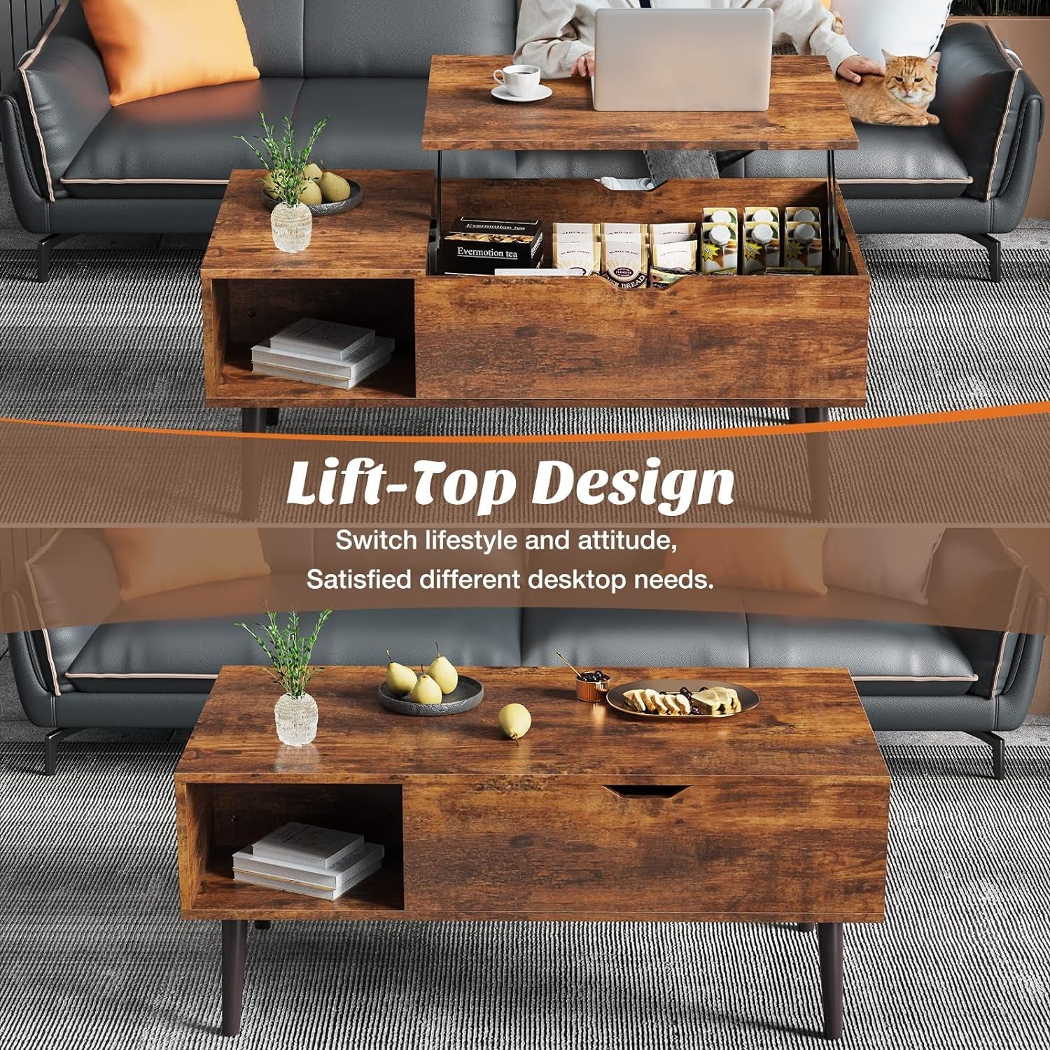 Coffee Table, Lift Top Coffee Tables for Living Room, Small Rising Wooden Dining Center Tables with Storage Shelf and Hidden Compartment, Brown-4