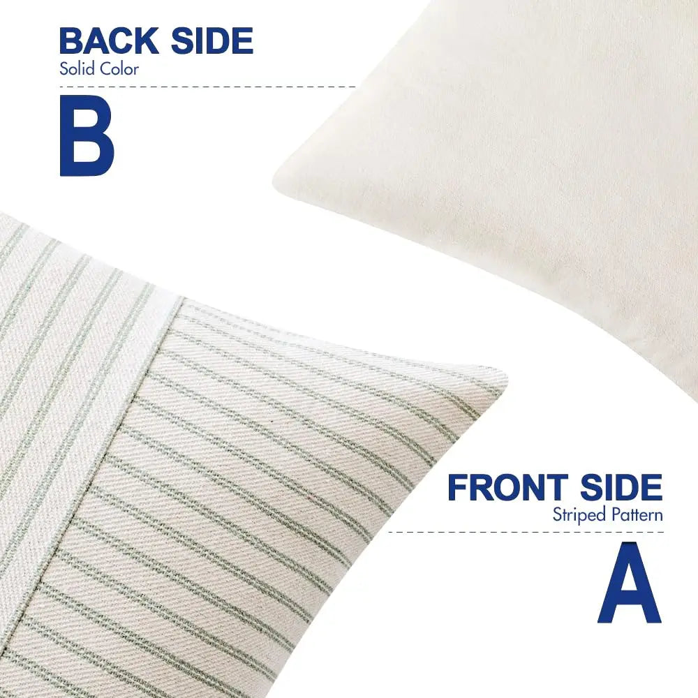 Sage Green And Beige Patchwork Farmhouse Pillow Covers 24X24 H, Pa Of 2 Striped Linen Spring Decorative Modern Accent Pillow