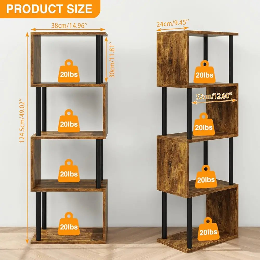 5-Tier Tall Bookshelf,S-Shaped Geometric Bookcase, Wood Display Shelves With Storage,Industrial Bookshelf For Living Room