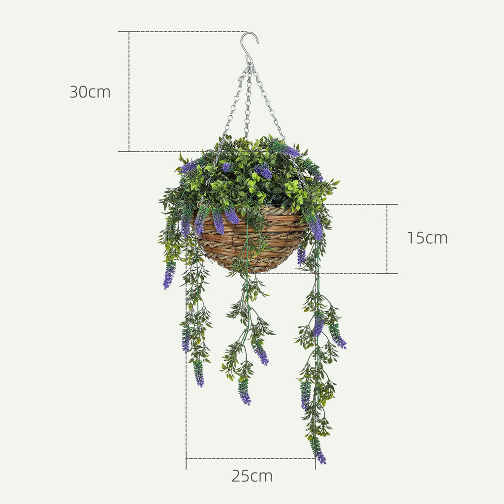 Set of 2 Decorative Artificial Plants, Faux Silk Lavender Flowers in Hanging Baskets, Fake Plants for Home Indoor Outdoor Decor, Purple-2