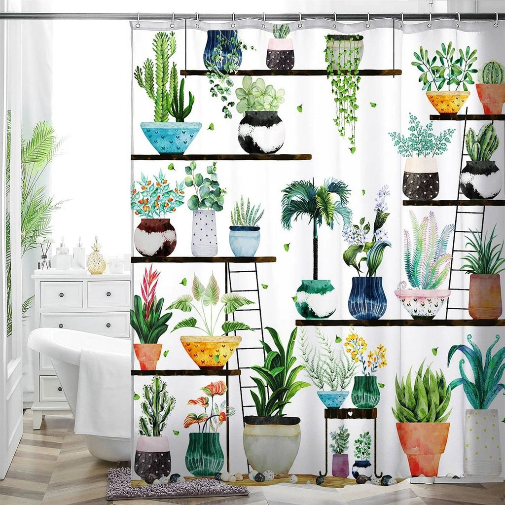 72-in. Watercolor Plants Botanical Floral Flower Pots Succulents Shower Curtain-0