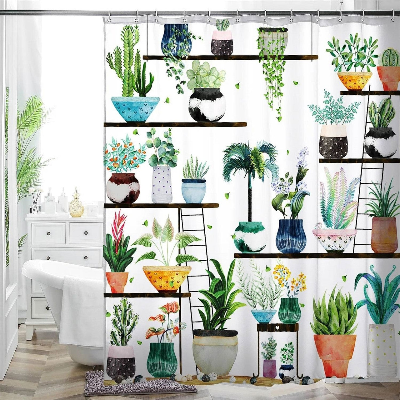 72-in. Watercolor Plants Botanical Floral Flower Pots Succulents Shower Curtain-0