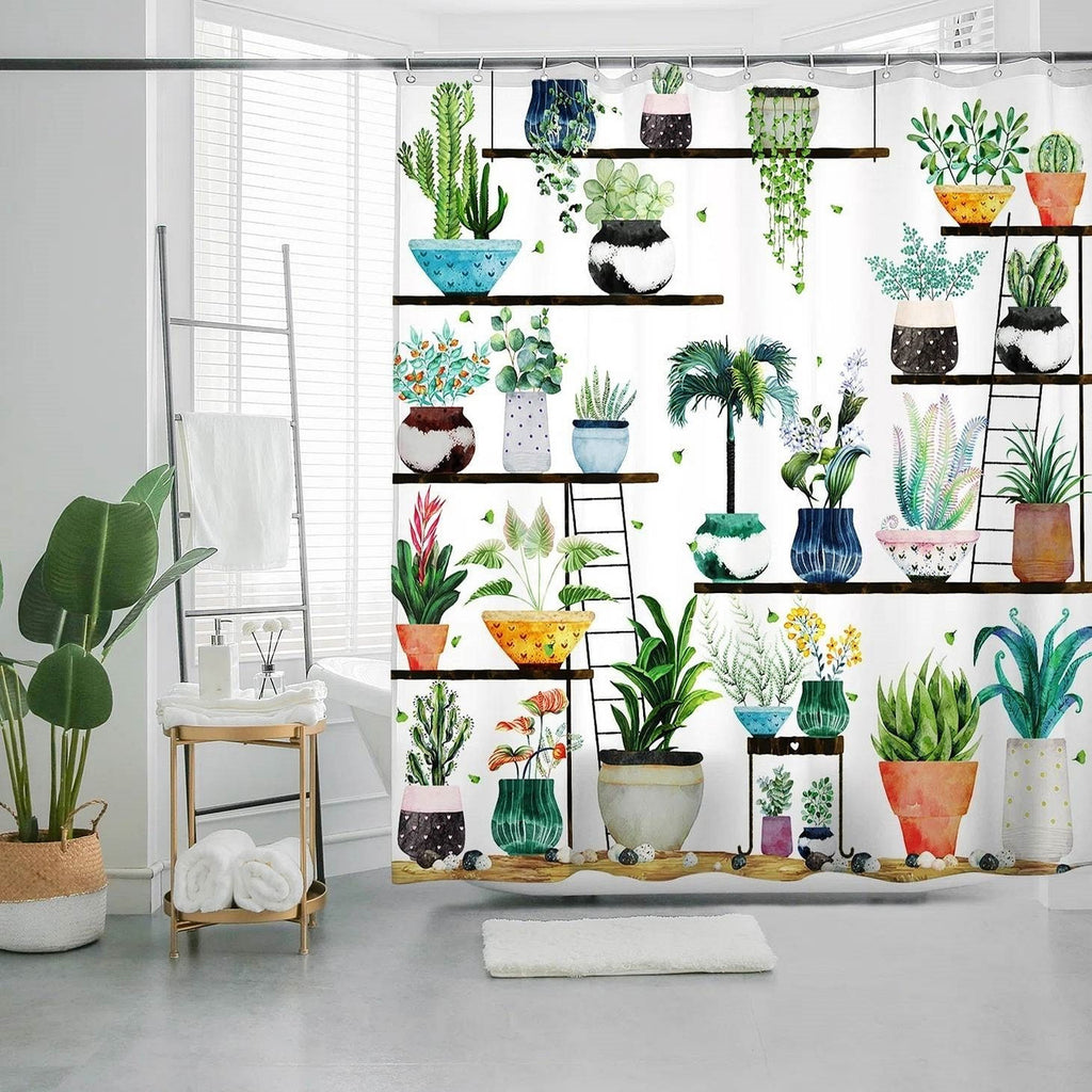 72-in. Watercolor Plants Botanical Floral Flower Pots Succulents Shower Curtain-1