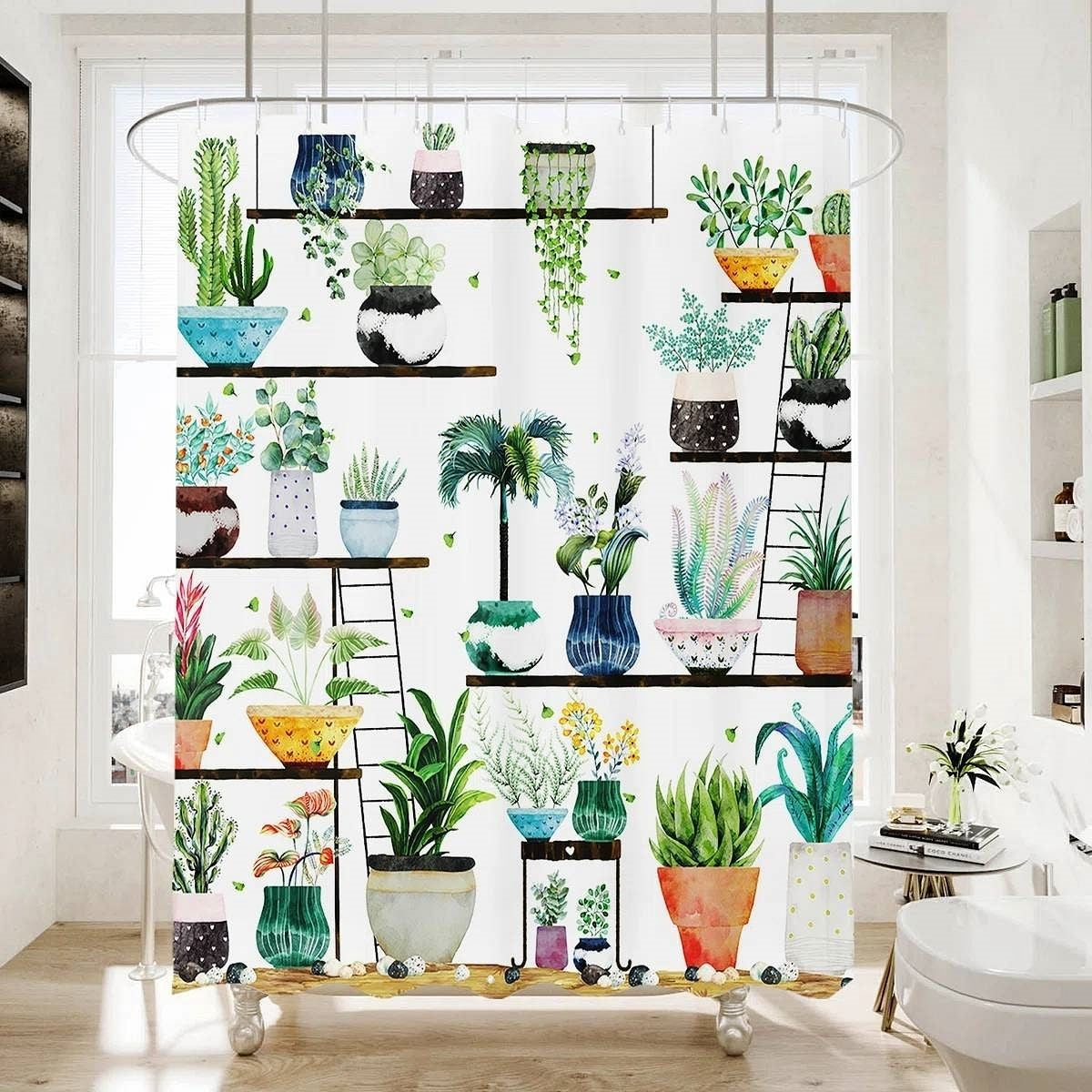 72-in. Watercolor Plants Botanical Floral Flower Pots Succulents Shower Curtain-2