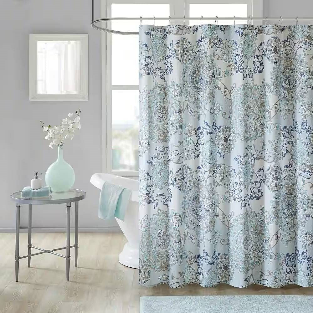 72-inch Cotton Shower Curtain with Blue Watercolor Paisley Floral Motif-0