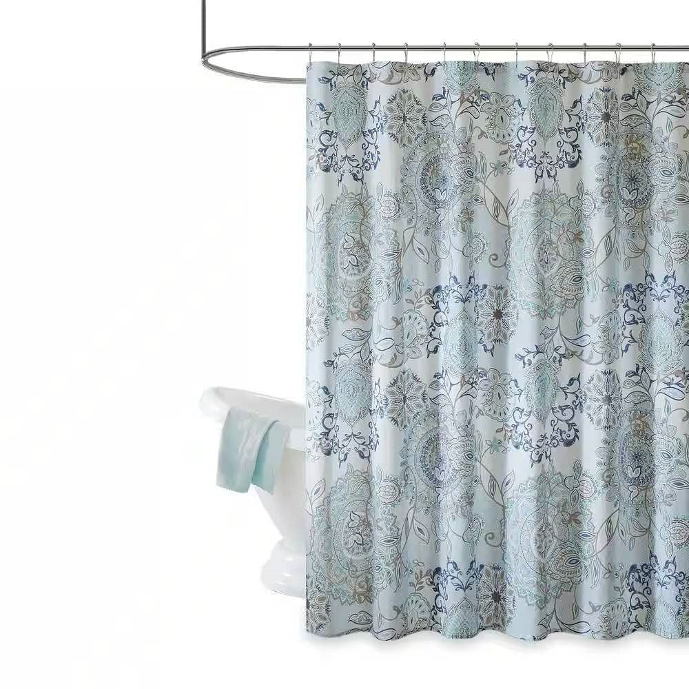 72-inch Cotton Shower Curtain with Blue Watercolor Paisley Floral Motif-2