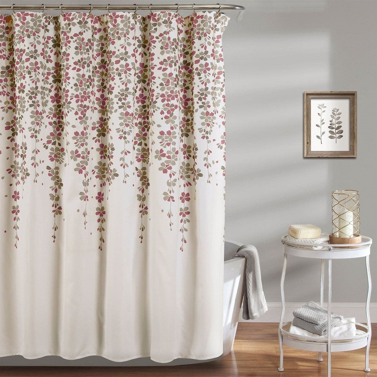 72-inch Tan Purple Grey Floral Flowers Shower Curtain-0