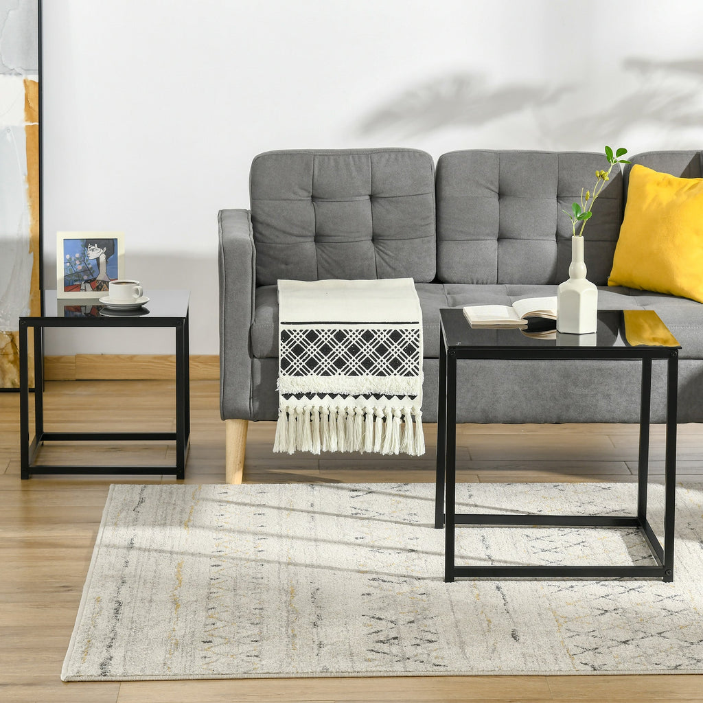Nest of 2 Side Tables, Set of Modern Bedside Tables with Tempered Glass Desktop for Living Room, Bedroom, Office, Black-4