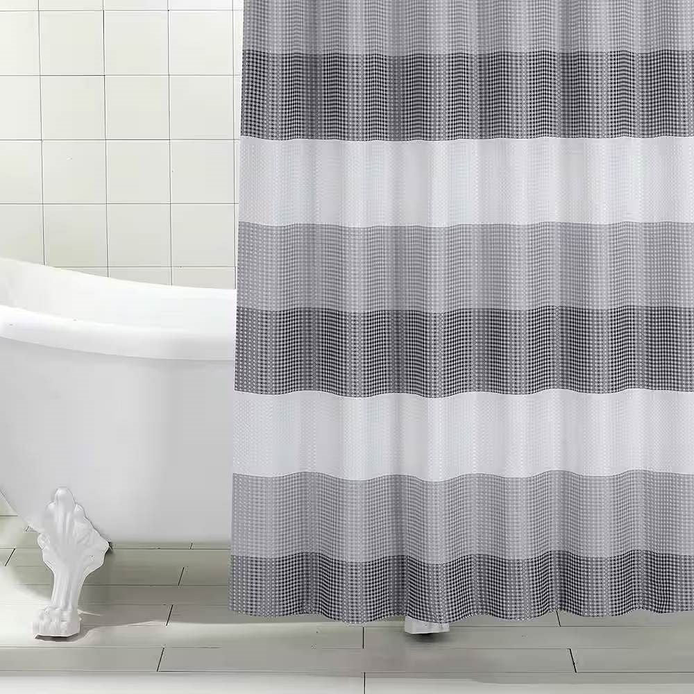 72-inch Grey White Striped Luxurious Textured Polyester Fabric Shower Curtain-1