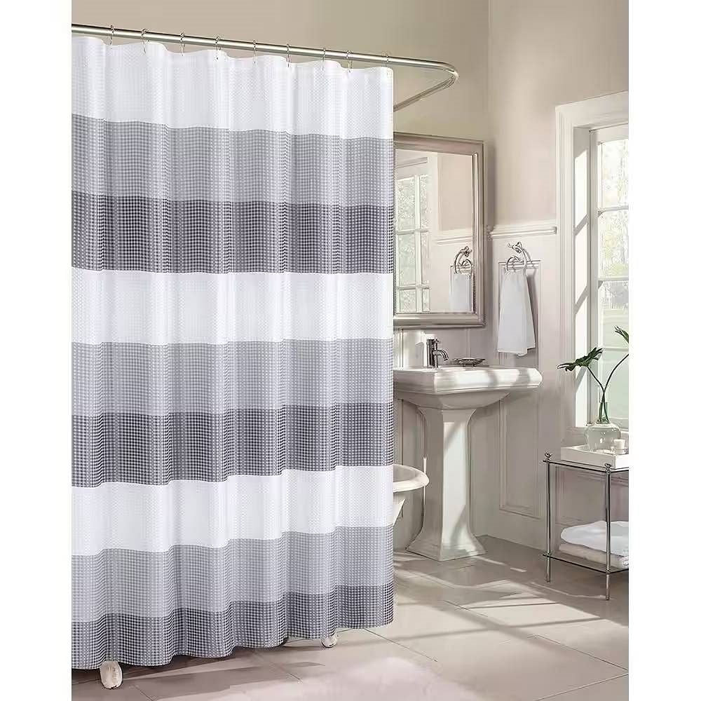 72-inch Grey White Striped Luxurious Textured Polyester Fabric Shower Curtain-2